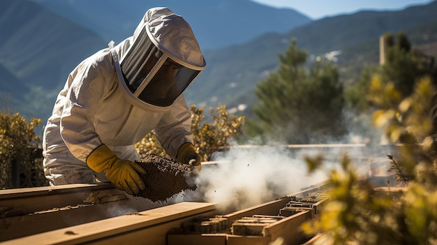 a professional beekeeper wearing a protective clothing taking care of his bee hive