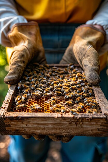 A professional beekeeper working on collecting honey from beehives