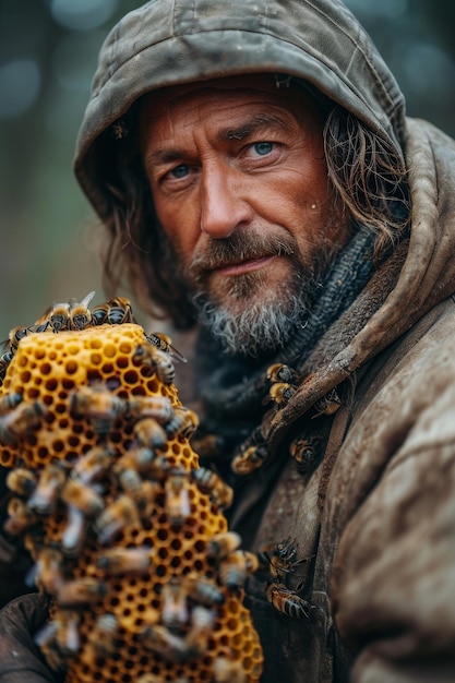 A professional beekeeper working on collecting honey from beehives