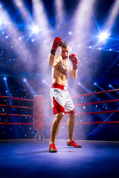 Professional boxer is training on the grand arena in lights