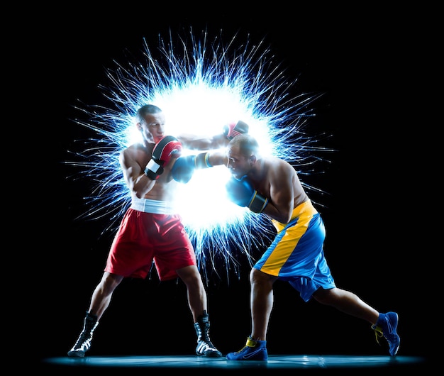 Photo professional boxers are isolated on black background dark