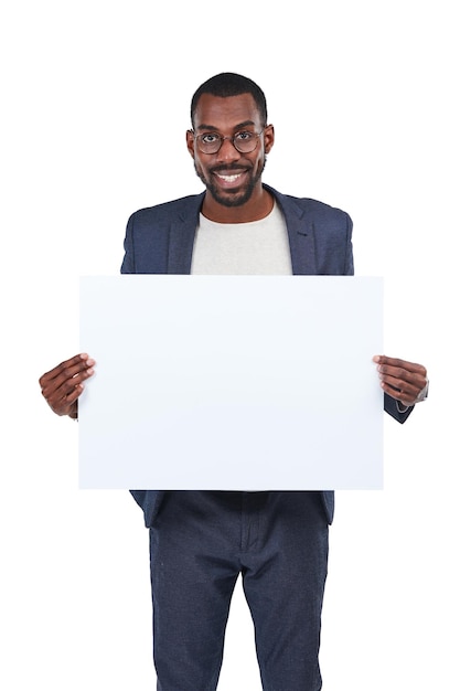 professional branding for business studio shot of a young businessman holding up a blank placard against a white background