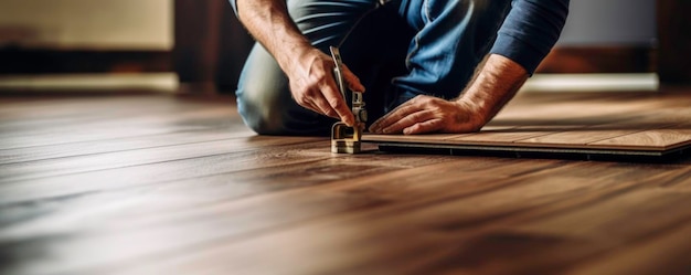 Professional builder man laying laminate at home Generated by AI