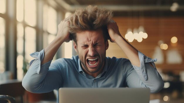 Foto sindrome da esaurimento professionale del portatile e della tensione dell'ufficio lavorando da casa