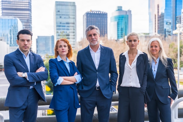 Professional Business Executives Posing for Corporate Portraits in Downtown Setting