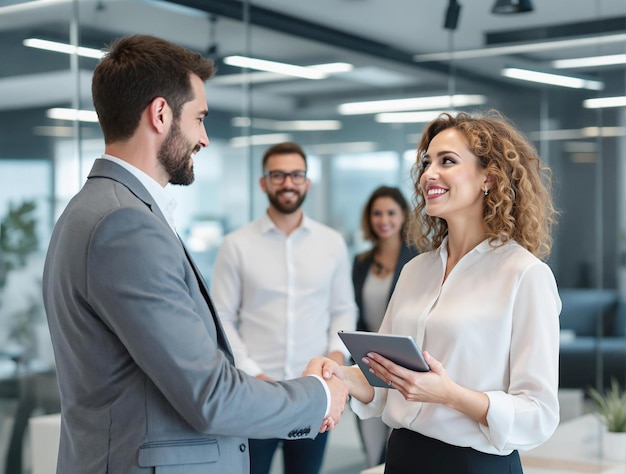 professional business handshake in modern office
