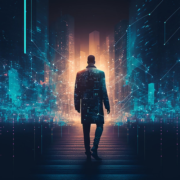 Photo professional business man walking on future network city illustration generative ai