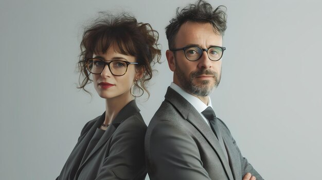 Professional business team in formal attire posing back to back confident stylish man and woman office fashion and teamwork concept portrait with copy space AI