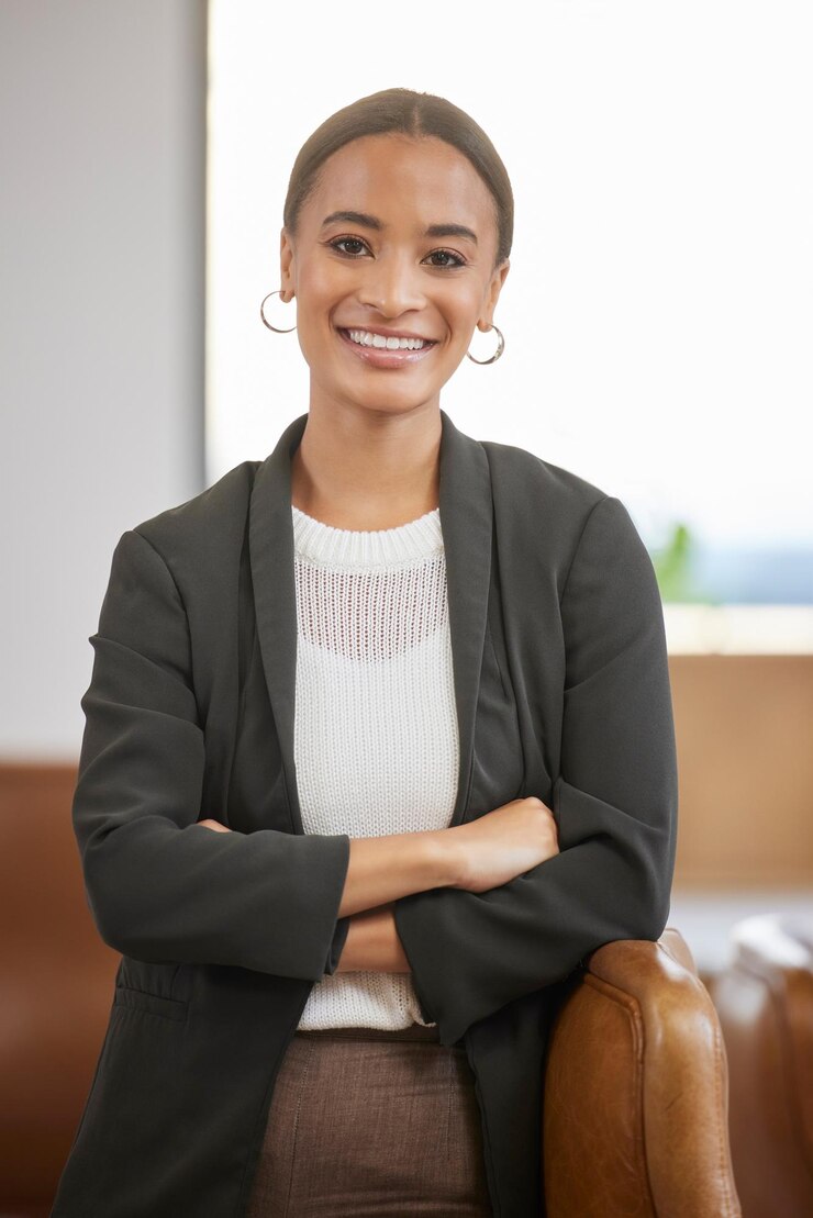 Photo professional business woman and portrait with pride in office successful career and attorney for legal advice law firm female lawyer and arms crossed with confidence happy and experience at job