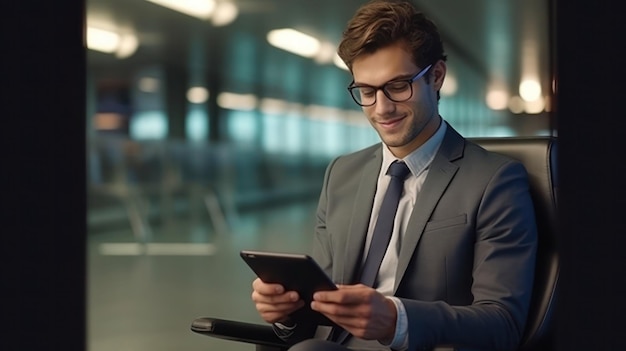 Professional businessman holding tablet with blur background