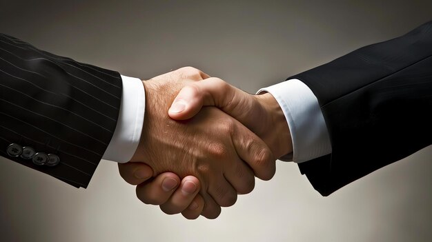 A professional businessman in a suit and tie reaches out to shake hands with another person The background is a neutral color