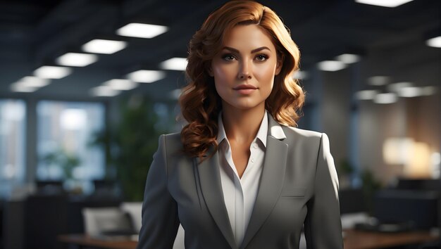 A professional businesswoman in a modern office setting wearing a tailored suit confident express