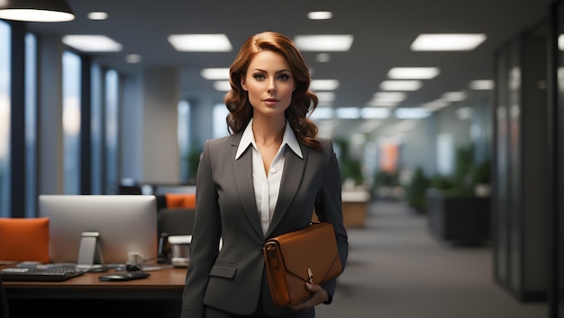 Photo a professional businesswoman in a modern office setting wearing a tailored suit confident express