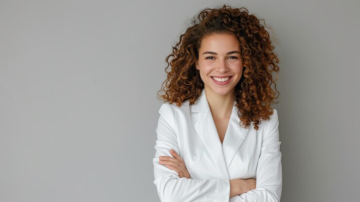 Photo professional businesswoman in white suit smiling and posing