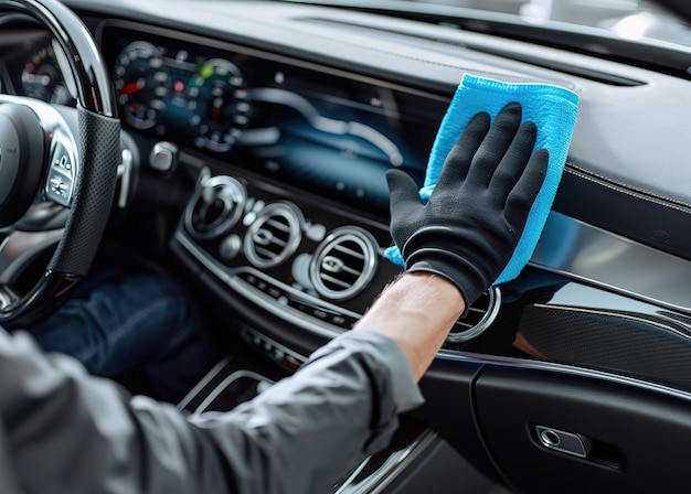 Professional car interior cleaning detail view of workers hand wiping dashboard with blue cloth