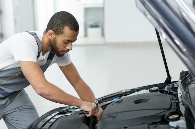 Professional car mechanic repairing a car