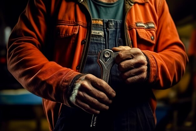 Photo professional car mechanic with a wrench in his hands closeup ai technology