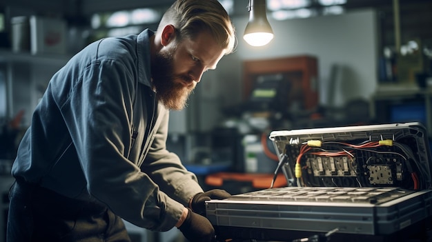 Photo professional car mechanic working with a computer in garage