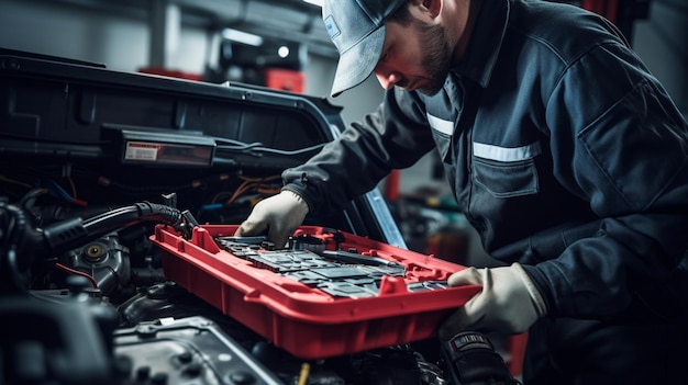 professional car mechanic working with a computer in garage