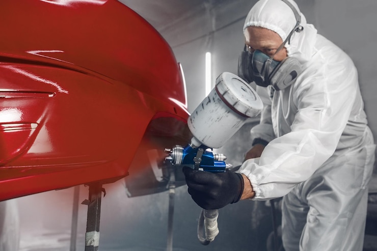Photo professional car painter in chamber paints automobile bumper to red color