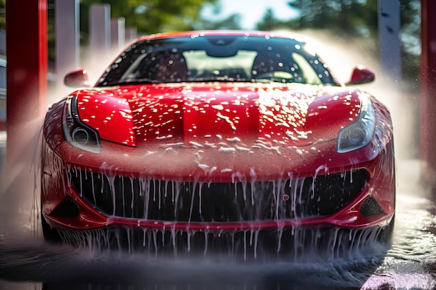 Профессиональная автомойка, красивая красная спортивная машина с шампунем крупным планом Генерирующая иллюстрация AI
