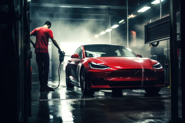 Professional car washing photo Adult car washer in uniform using a high pressure cleaner to clean a performance car in a dark room Generative AI