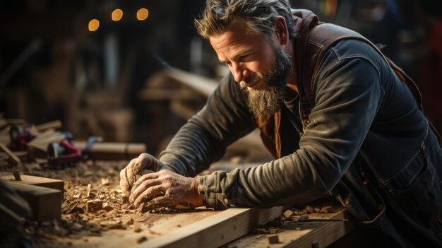 Professional Carpenter at Work in a WellEquipped Wood Workshop