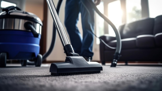 Professional carpet cleaning service with a janitor using a vacuum cleaner