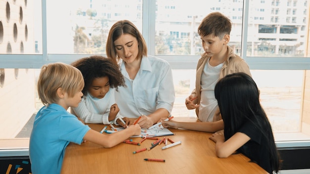 Professional caucasian teacher telling story to diverse student Erudition