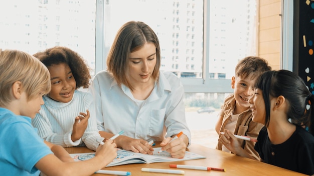 professional caucasian teacher telling story to diverse student erudition