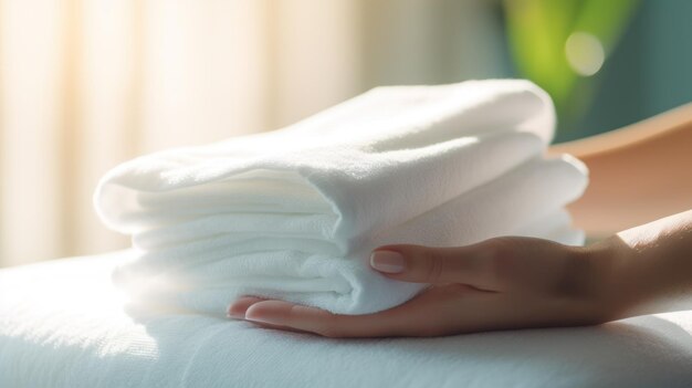 Photo professional chambermaid with stack of fresh towels in bedroom closeup