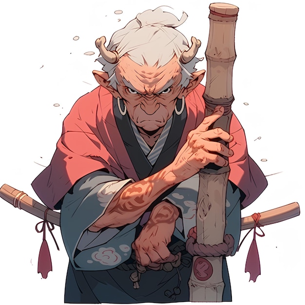 a professional character illustration of a small skinny 90 year old Oni monk with a ornate wooden