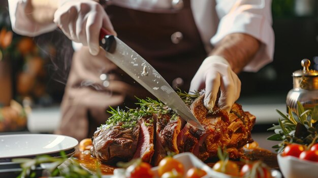 Professional chef carving a juicy roast surrounded by fresh herbs