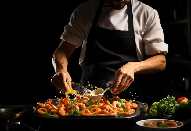 Foto uno chef professionista che cucina deliziosi frutti di mare uniforme di ristorante