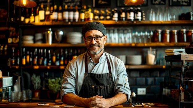 Professional chef posing by the bar in a restaurant setting