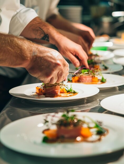 Foto uno chef professionista organizza con precisione un aperitivo a base di pomodoro che evidenzia l'arte del piatto in un ambiente di cucina vibrante