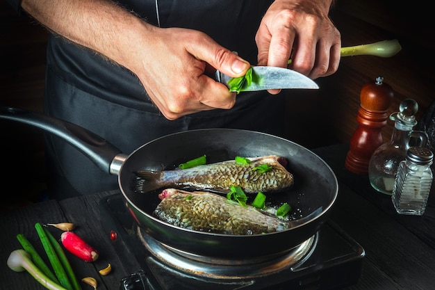 Lo chef professionista prepara il pesce fresco in padella con cipollotto giovane