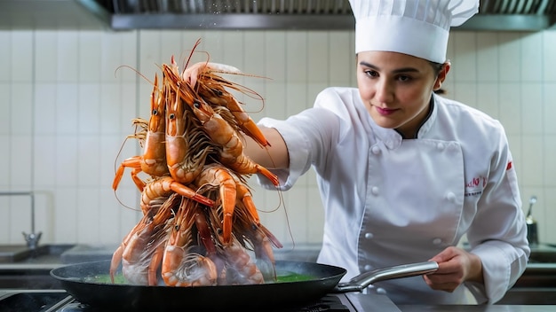 Professional chef prepares shrimps or langoustines