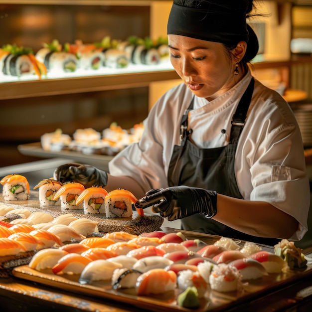 Профессиональный шеф-повар готовит разнообразные суши.