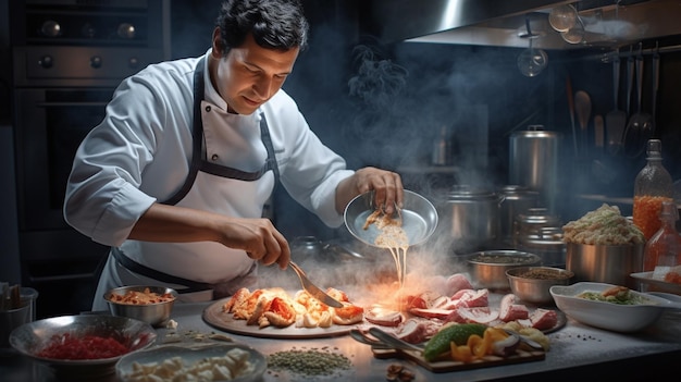 Photo professional chef preparing food dishes