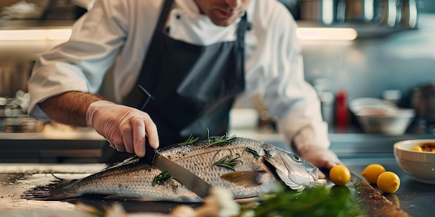 Photo professional chef preparing fresh fish in a modern kitchen culinary art and restaurant scene focus on craftsmanship and raw ingredients expertise in the culinary field ai