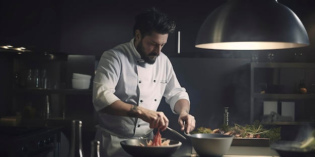 Professional chef preparing a meal in a kitchen focus on person shallow depth of field