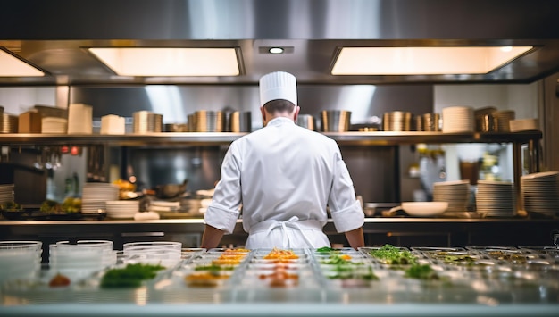 Photo professional chef preparing meal in restaurant kitchen