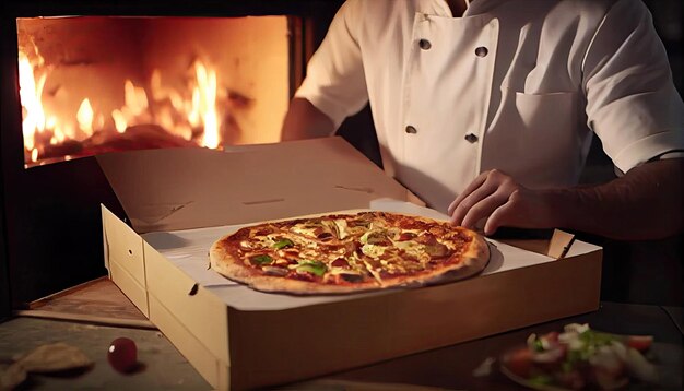 Professional chef puts pizza from oven inside a pizza box ready for delivery takeout