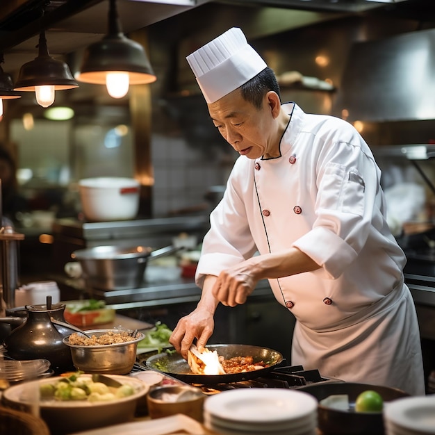 Professional chef workplace at cuisine of restaurant Close up view of man hand stirring soup