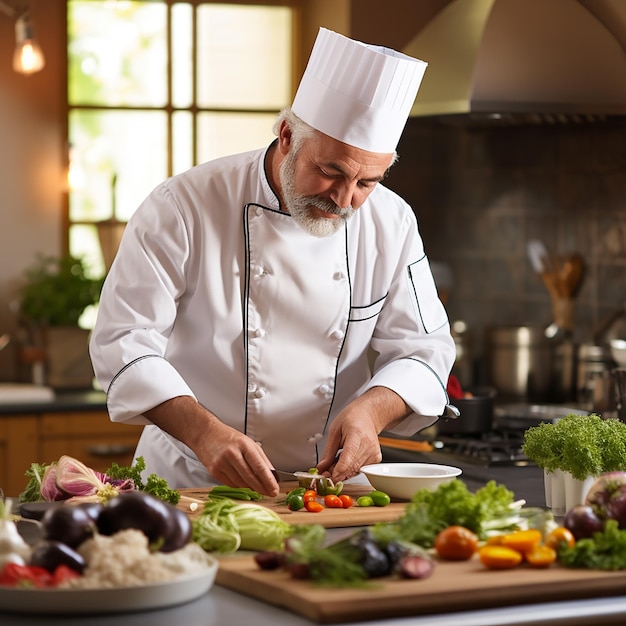 Professional chef workplace at cuisine of restaurant Close up view of man hand stirring soup