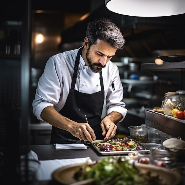 Professional chef workplace at cuisine of restaurant Close up view of man hand stirring soup