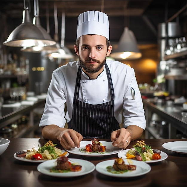 Professional chef workplace at cuisine of restaurant Close up view of man hand stirring soup