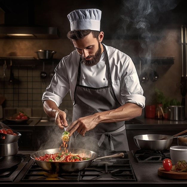 Professional chef workplace at cuisine of restaurant Close up view of man hand stirring soup