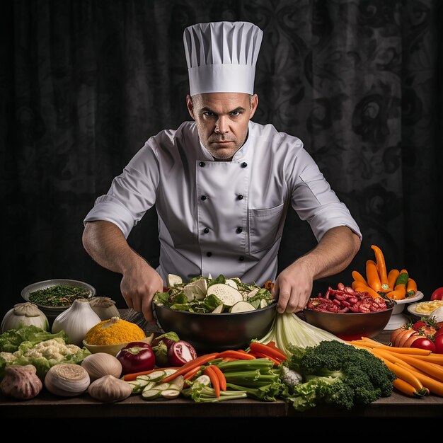 Professional chef workplace at cuisine of restaurant Close up view of man hand stirring soup